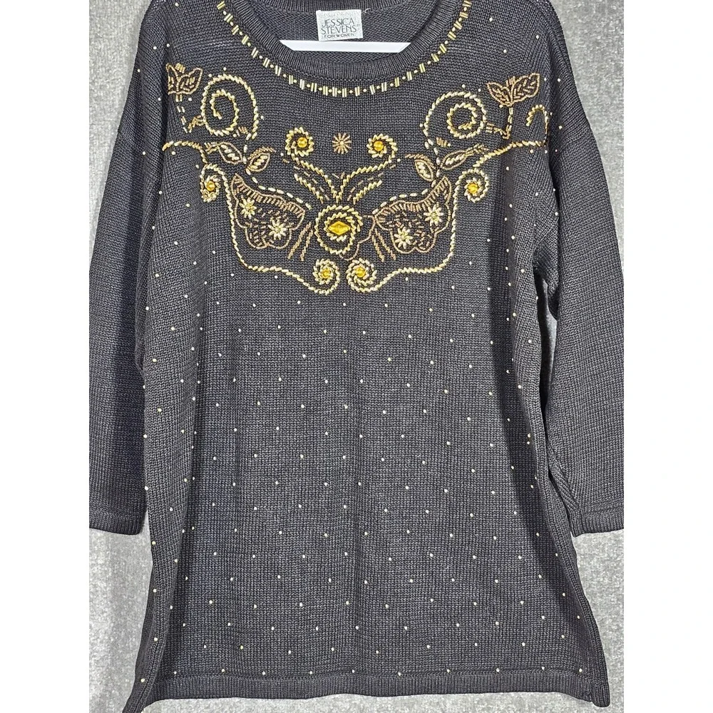 Vintage‎ Jessica Stevens Tunic Sweater Womens Size Medium Black Gold Beaded Art